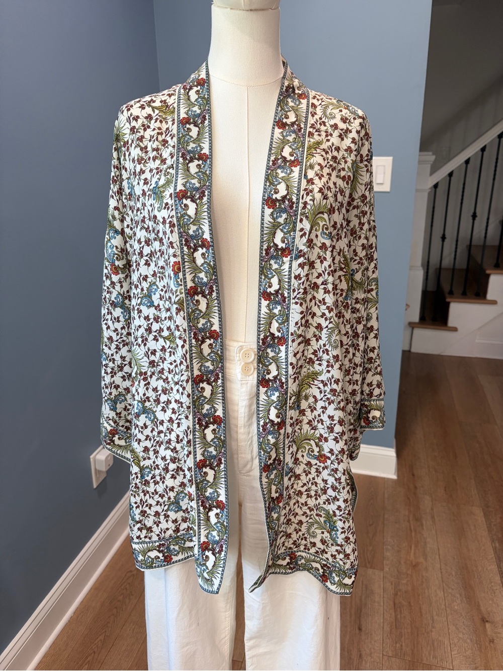Max Studio Floral Paisley Kimono Cardigan Boho Open Front Duster Large